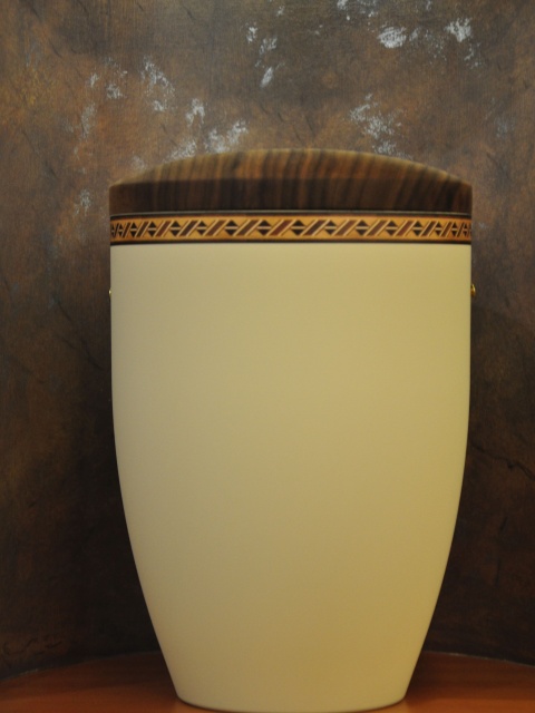 biologisch abbaubare Urne,Urne, 27635 Bio-Urne, Naturstoff beige natur, Rautenkordel, Holzdeckel Nussbaum, Bestattung Sterzl