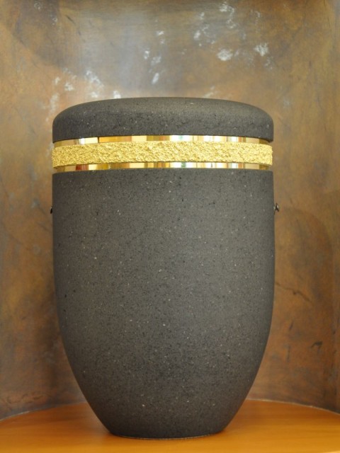 biologisch abbaubare Urne, Naturstoff, Urne U3 6287z Bio-Urne, Antik grau, Gold-Zierband, Bestattung Sterzl